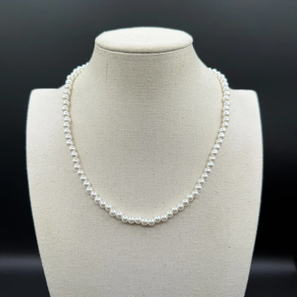 White Faux Pearl Necklace Silver Tone Extender Clasp Coquette Bridal Jewelry